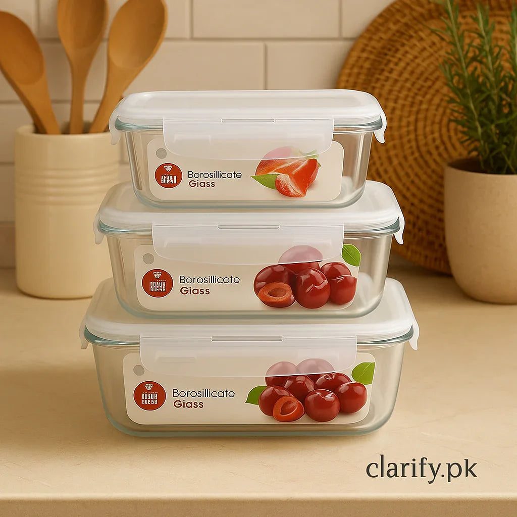Airtight Borosilicate Glass Bowl Set – 3pcs with Lids (400ml, 630ml, 1000ml)